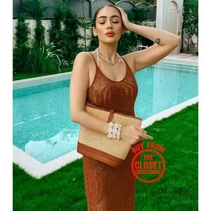 Mango Brown Knit Maxi Dress Bodycon Openwork Vacation NWT